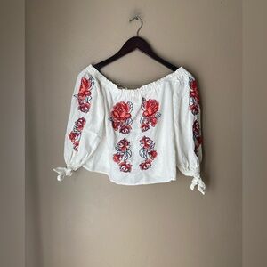 Linen Blend Embroidered Floral Off the Shoulder Top